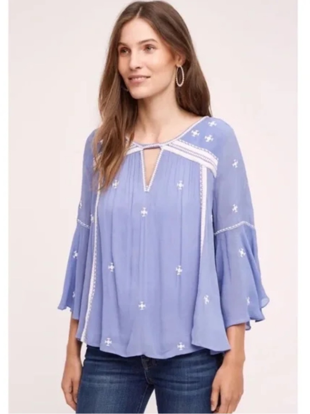 Anthropologie Floreat Adena Embroidered Peasant Gauze Bell Sleeve Blouse Sz 8